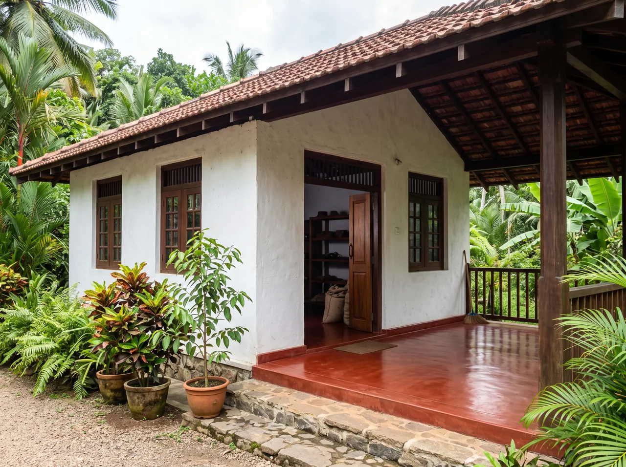 The office entrance — a whitewashed wall with timber windows and an open teak door onto a red-oxide verandah, jungle behind