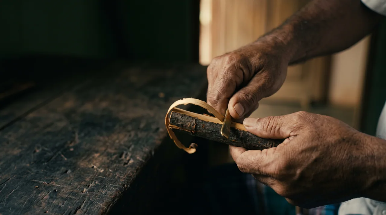 A cinnamon peeler's hands working a brass rod under the bark of a freshly cut stem