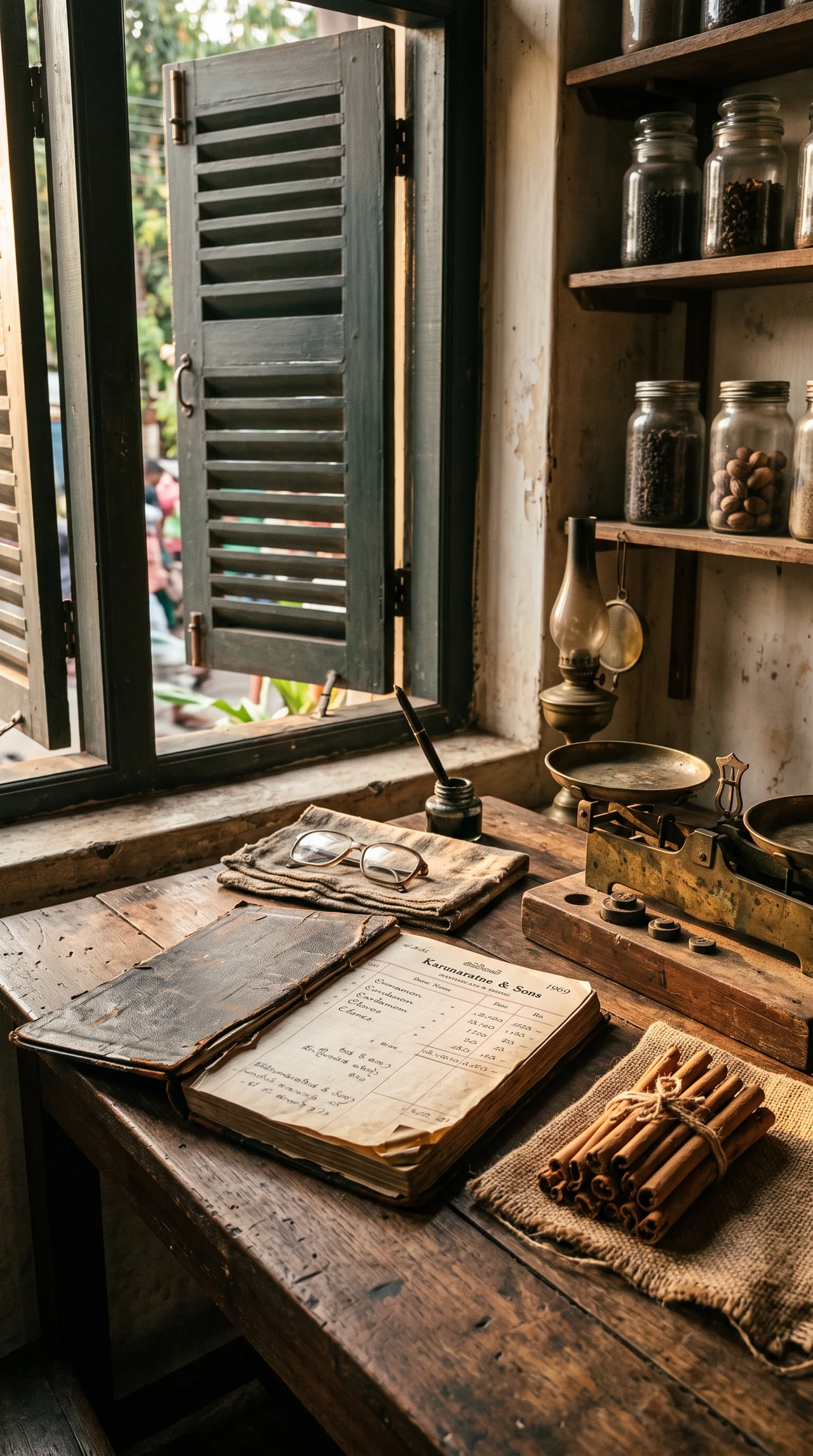 A spice merchant's desk of the late 1960s — an open ledger, brass scales and a bundle of cinnamon quills by a shuttered window