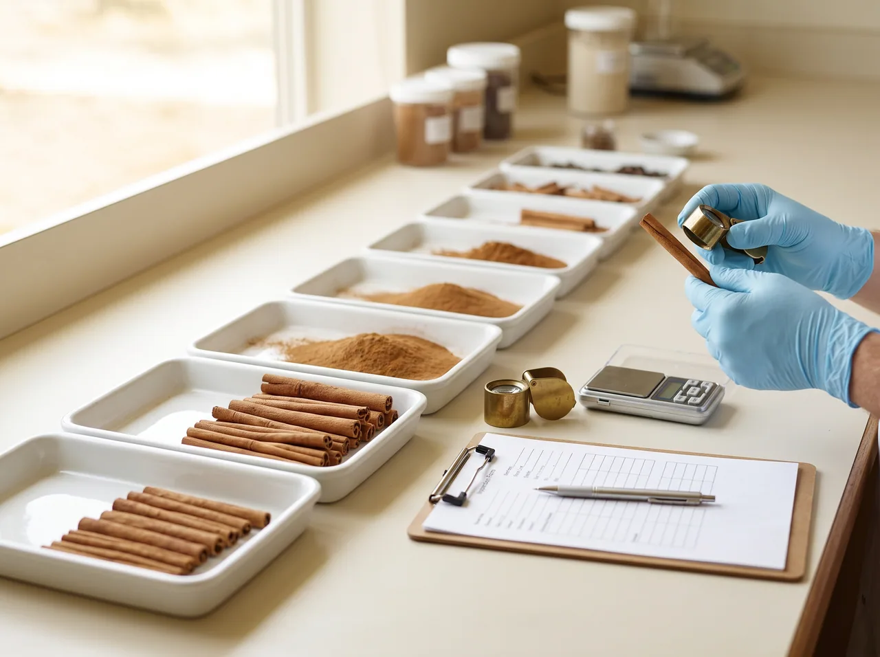 Graded cinnamon and ground spice laid out on a quality-control bench