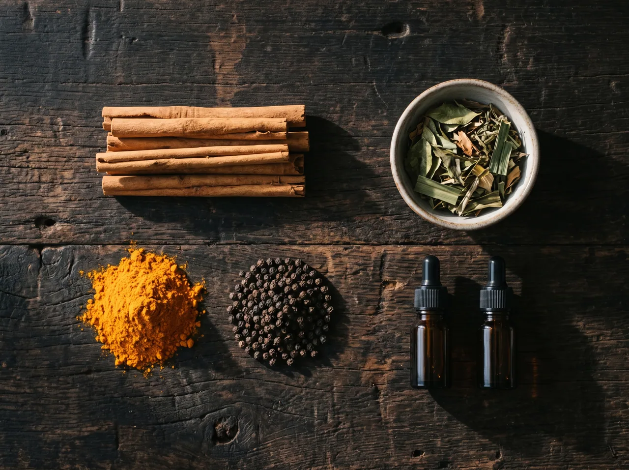 Finished Ceylon spice products — quills, ground spice and essential-oil bottles