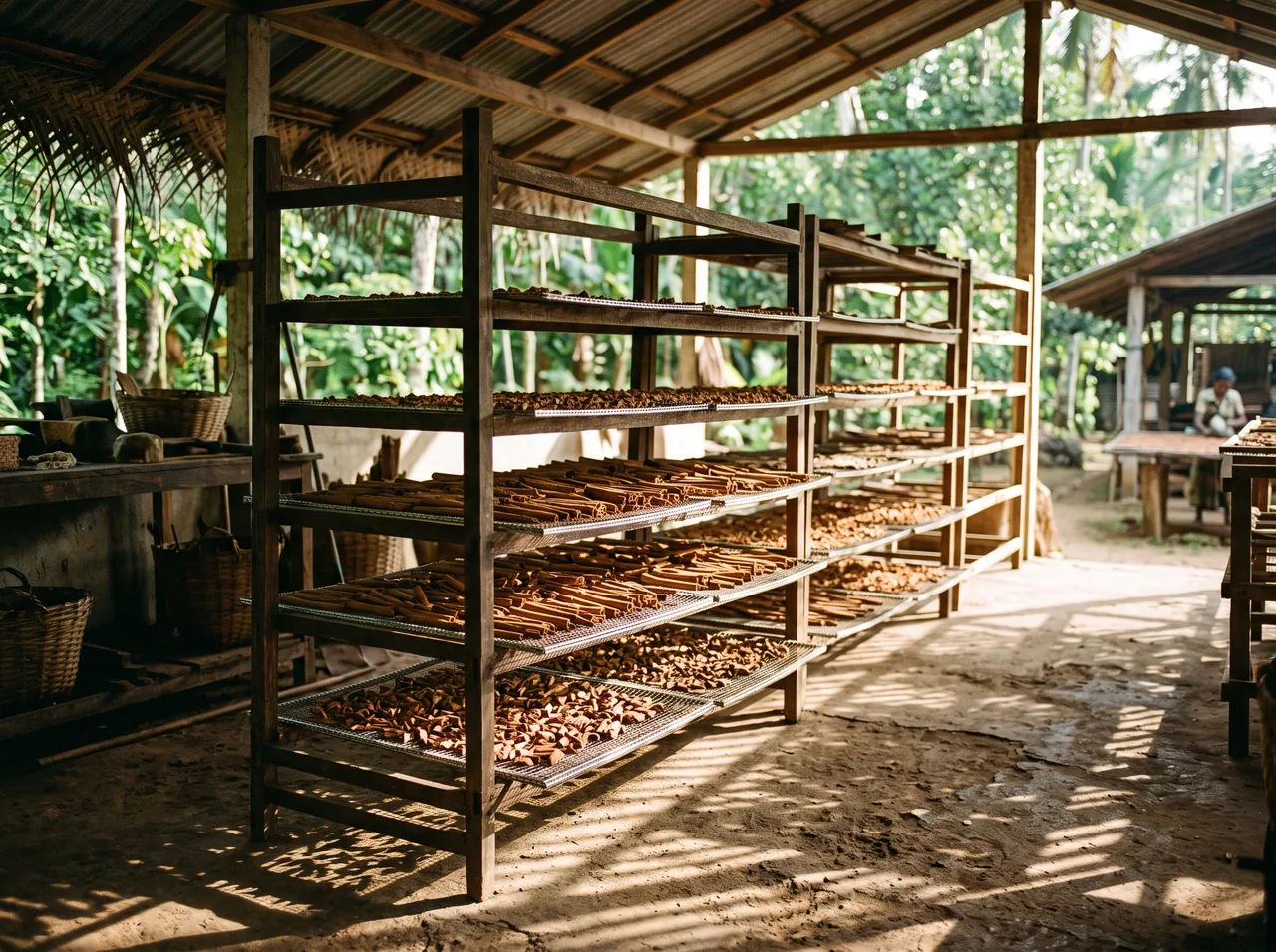 Cinnamon quills and cut spice spread across tiered drying racks in an open-sided shed