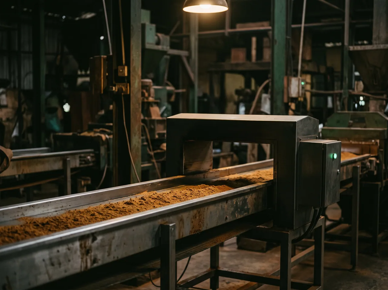 Ground spice running along a conveyor under the metal-detection arch