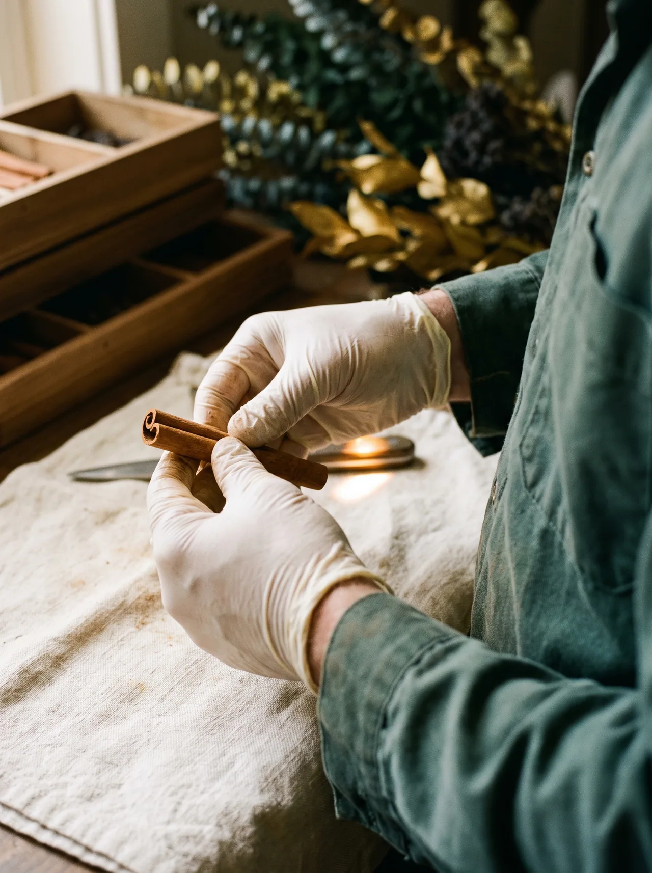 Gloved hands turning a cinnamon quill over at the sorting bench, graded trays behind