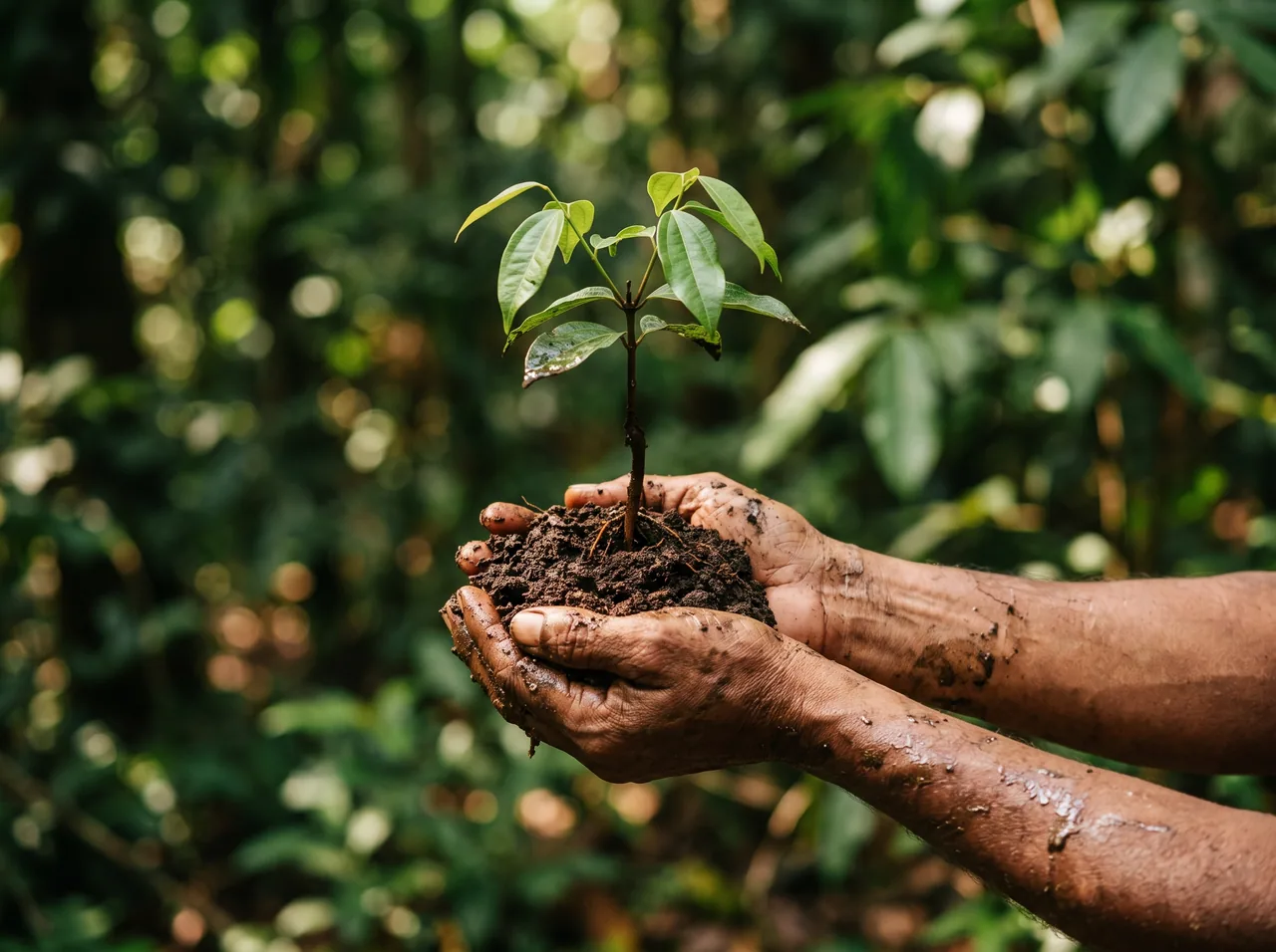 Bare hands cupping dark soil around a young cinnamon seedling, forest behind