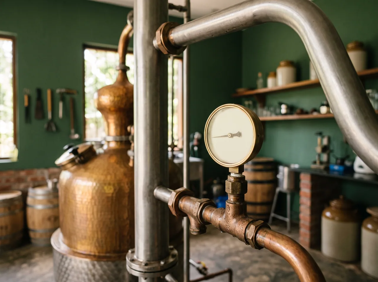 A copper pot still and its pipework, pressure gauge in the foreground