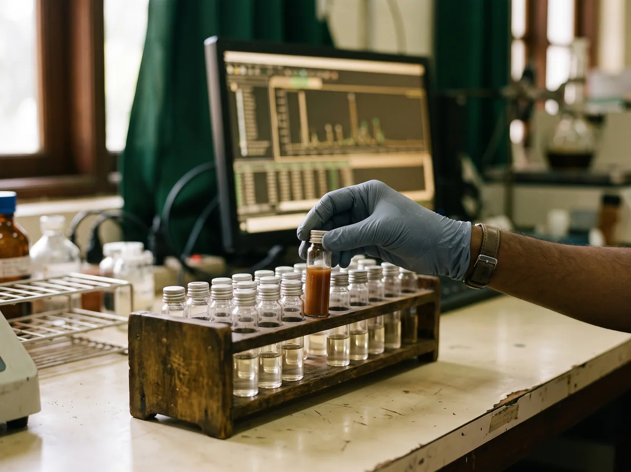 A gloved hand lifting one amber sample vial from a rack at the analysis bench